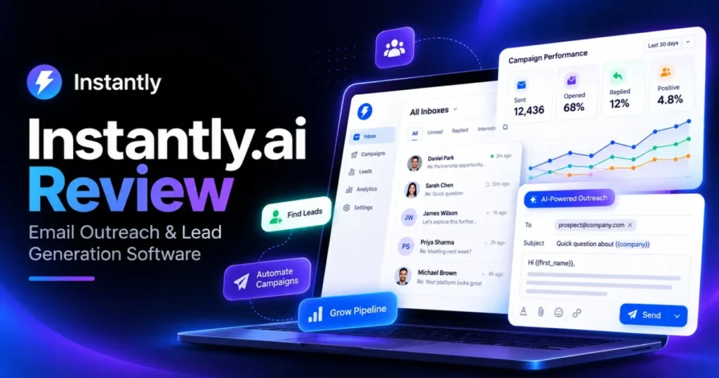 Instantly.ai Review 2026: Real Costs, Hidden Limits and Who It Fits, review title card from SaaS CRM Review