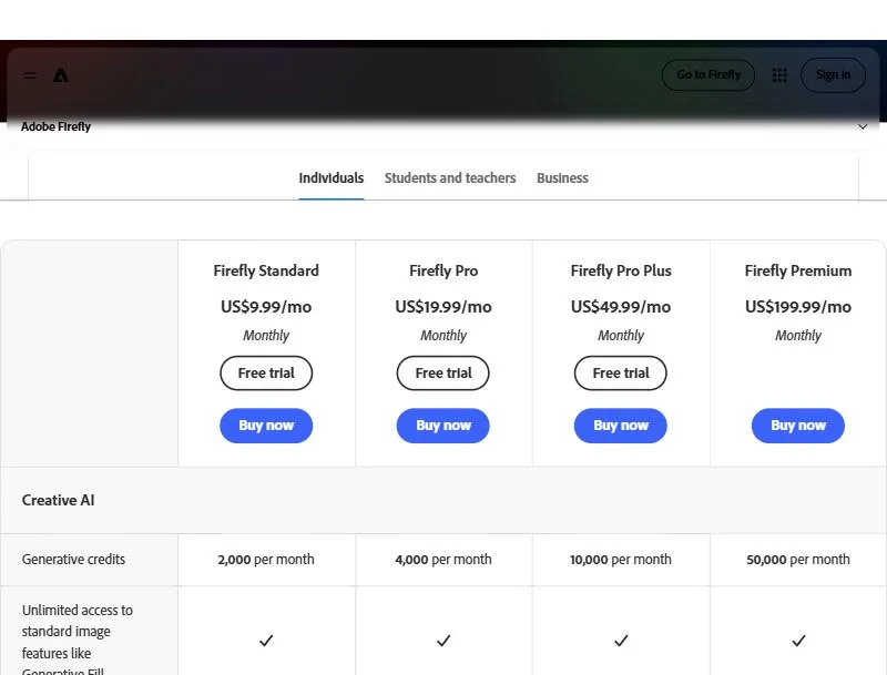 Adobe Firefly individual plans with monthly prices and generative credits