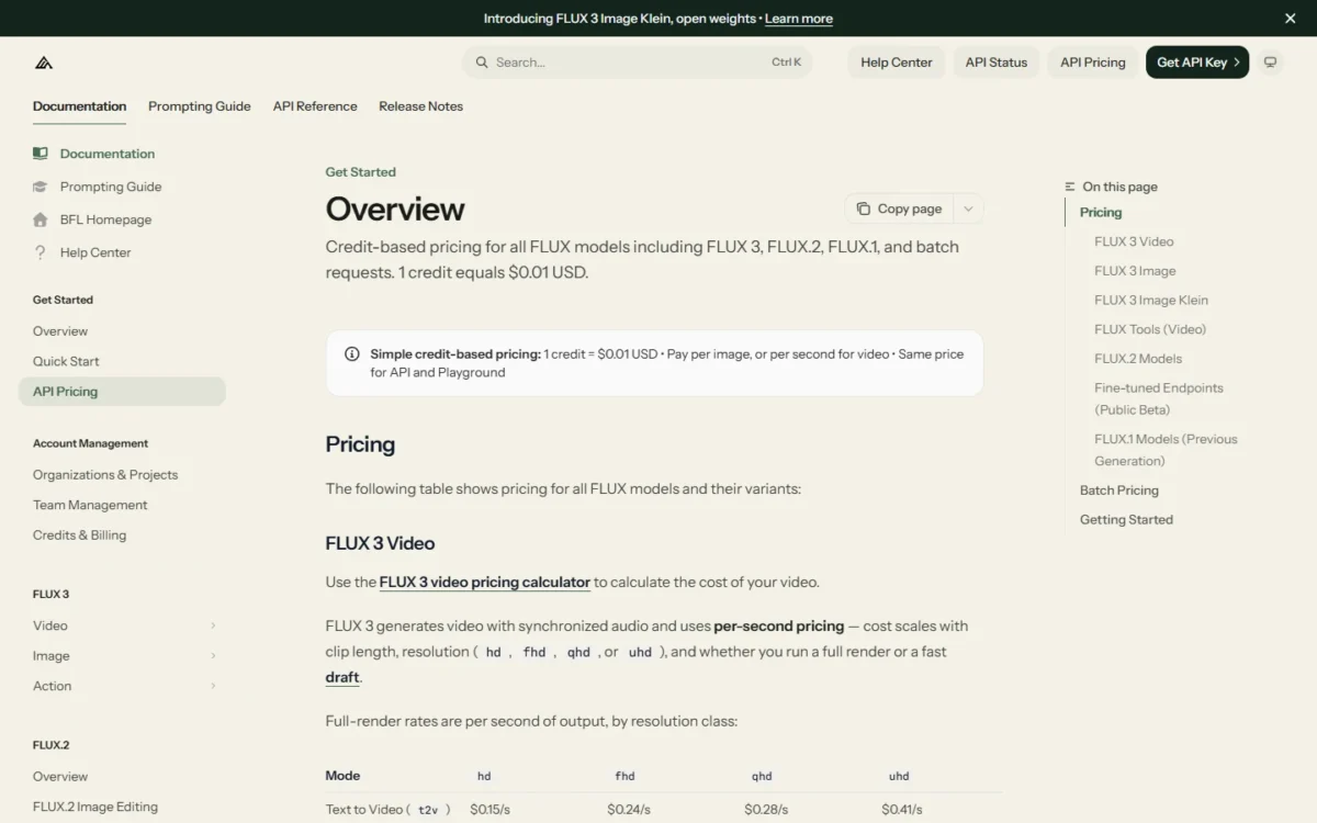 FLUX API pricing page