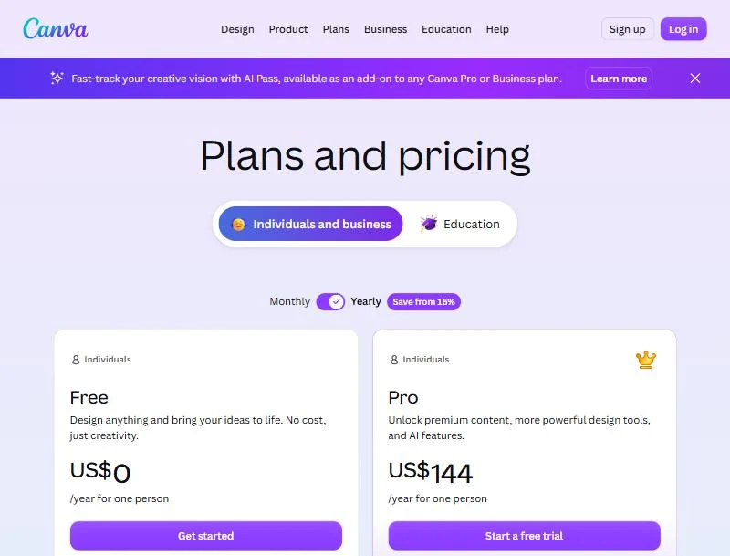 Canva plans in the Yearly view with Free and Pro prices