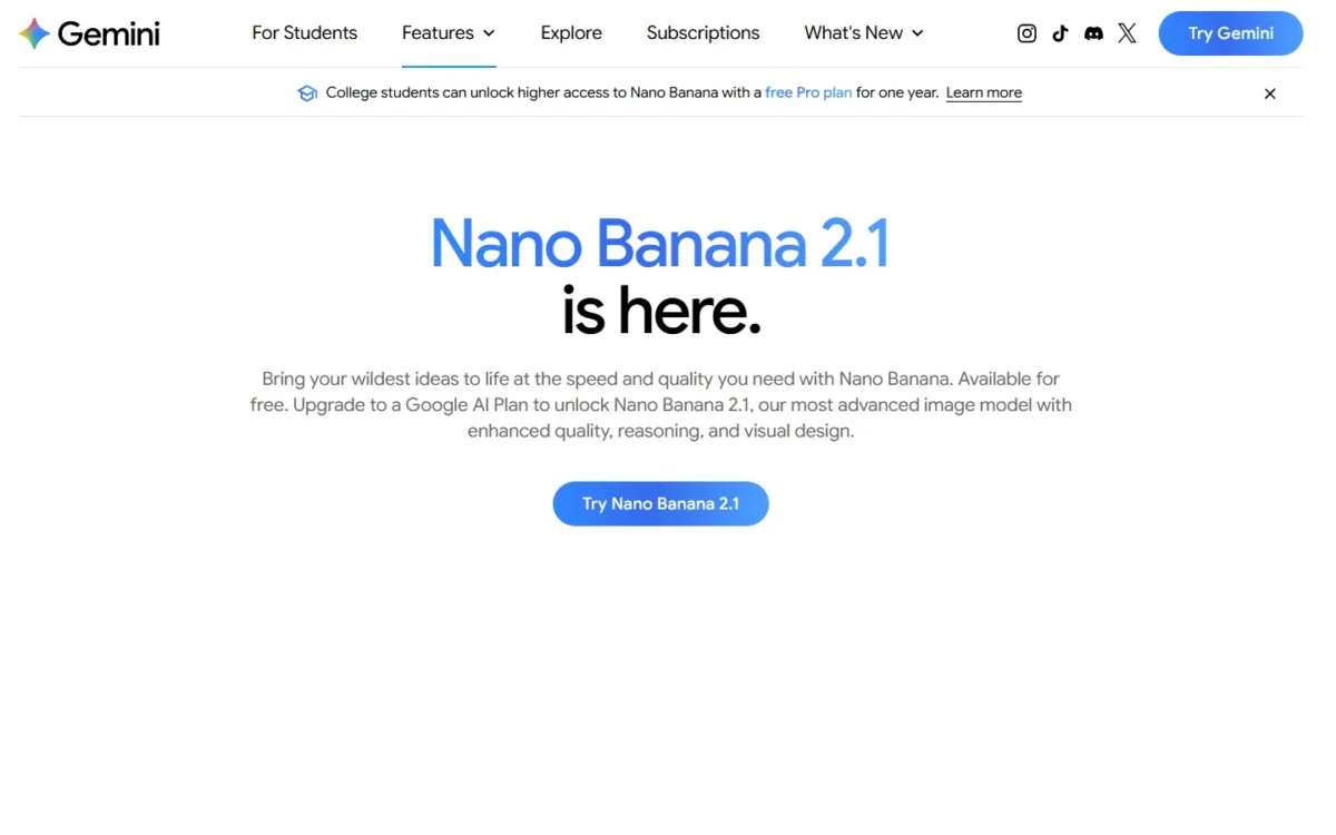 Gemini image generation page announcing Nano Banana 2.1