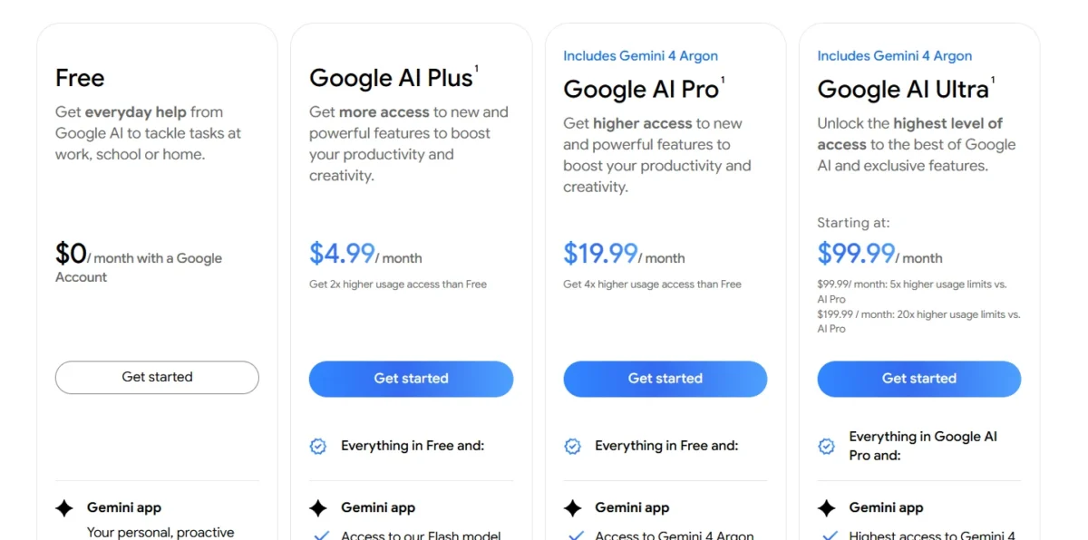 Google AI plans with Free, Plus, Pro and Ultra prices