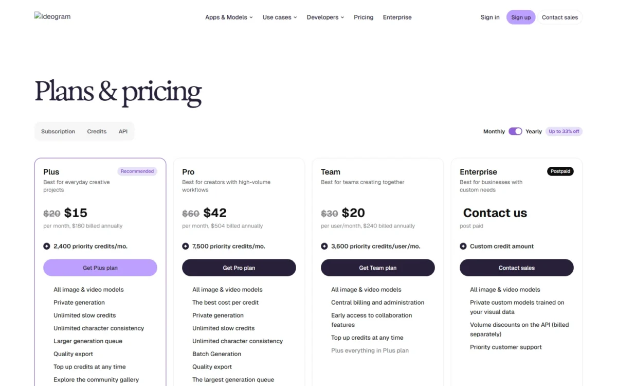 Ideogram plans with yearly prices