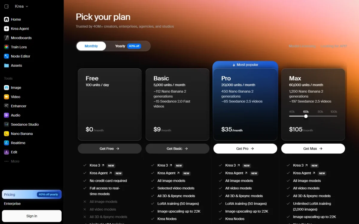 Krea plans in the Monthly view