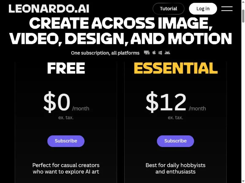 Leonardo AI pricing in the Pay Monthly view with the Free and Essential prices