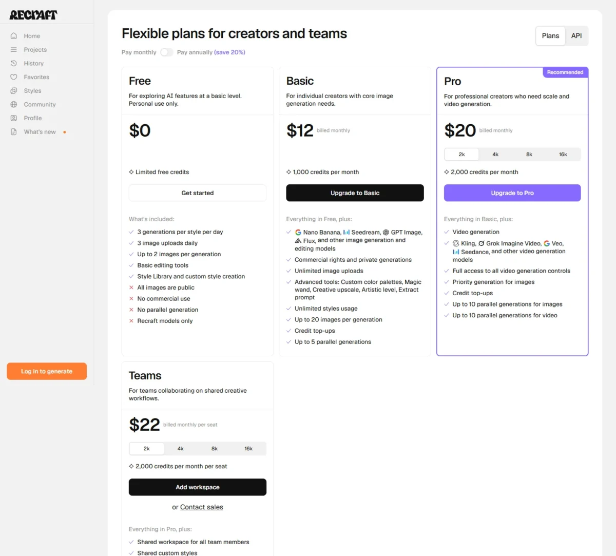 Recraft plans in the Pay monthly view
