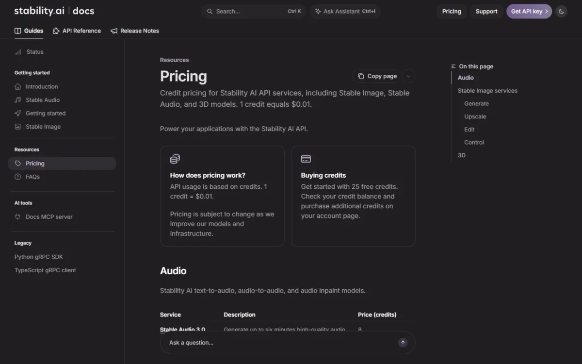 Stability AI API pricing page