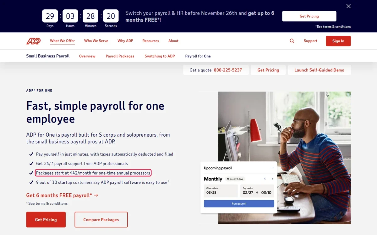 ADP for One page with the line about packages starting at $42 a month for one-time annual processors outlined
