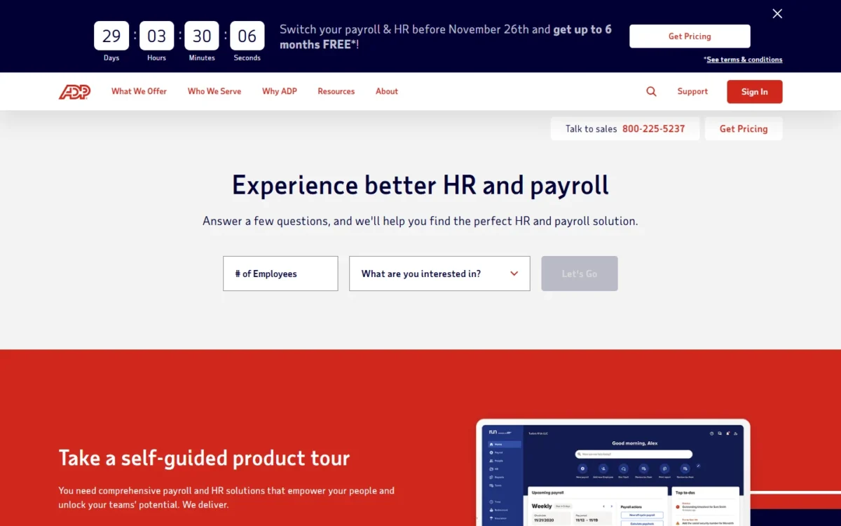 ADP homepage first screen with an employee-count selector and a switching-offer banner