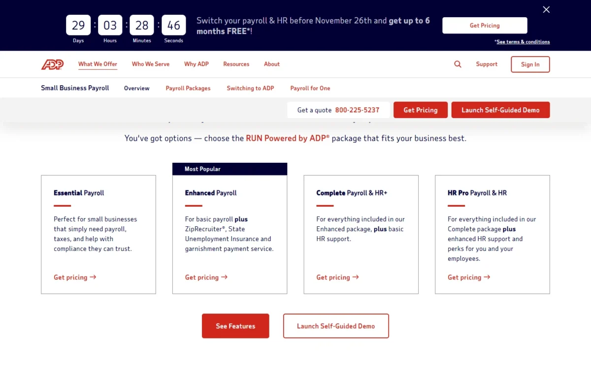 ADP's four RUN Powered by ADP packages, each with a Get pricing link and no price