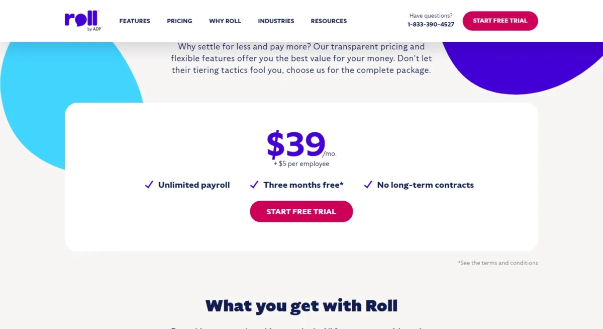 Roll pricing page showing $39 per month plus $5 per employee and three months free
