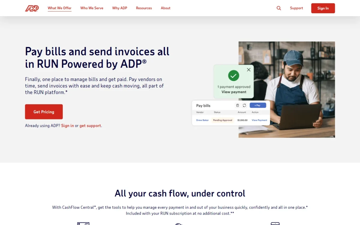 ADP CashFlow Central page: pay bills and send invoices all in RUN Powered by ADP