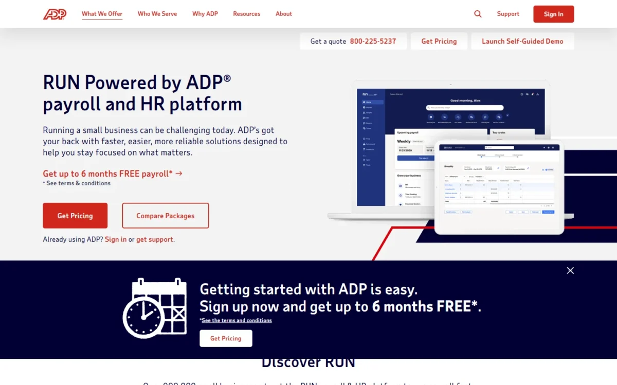 RUN Powered by ADP payroll and HR platform page on adp.com with Get Pricing and Compare Packages buttons