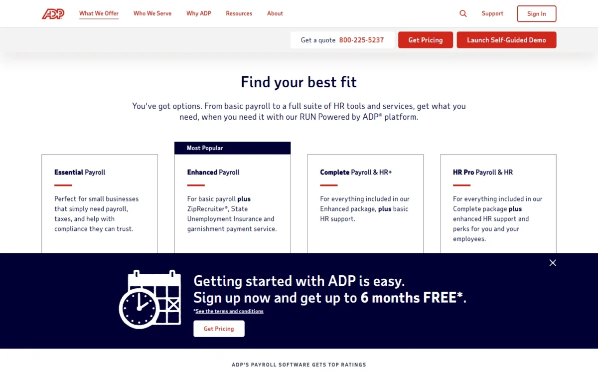 ADP RUN page showing four packages: Essential Payroll, Enhanced Payroll marked Most Popular, Complete Payroll & HR+ and HR Pro Payroll & HR, with no prices