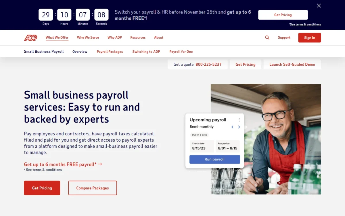 ADP payroll page for 1-49 employees with Get Pricing and Compare Packages buttons and a banner offering up to 6 months free for switching before November 26