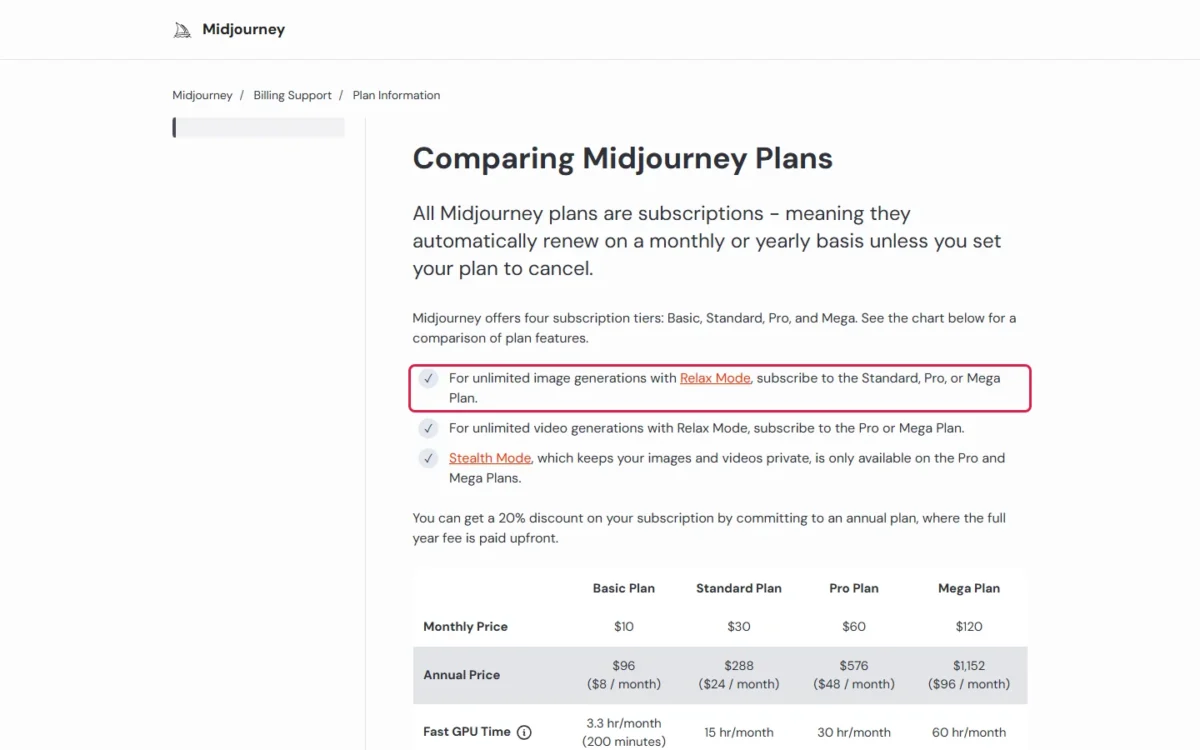 Midjourney plan comparison page with the line on unlimited image generations in Relax Mode outlined, and Basic at $10 a month