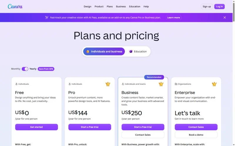 Canva pricing page with Free, Pro, Business and Enterprise plans in US dollars, yearly view