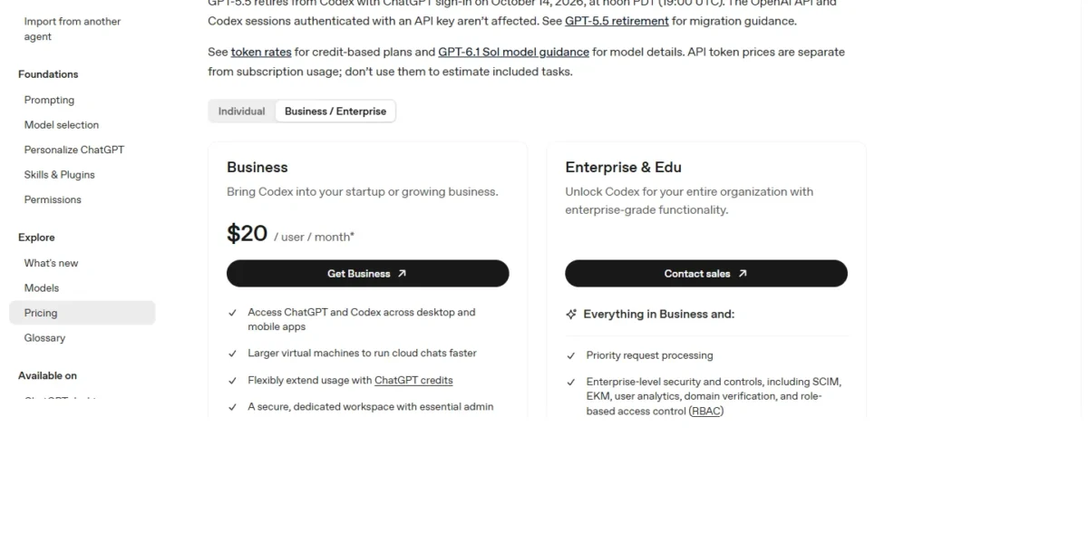 ChatGPT Business pricing card