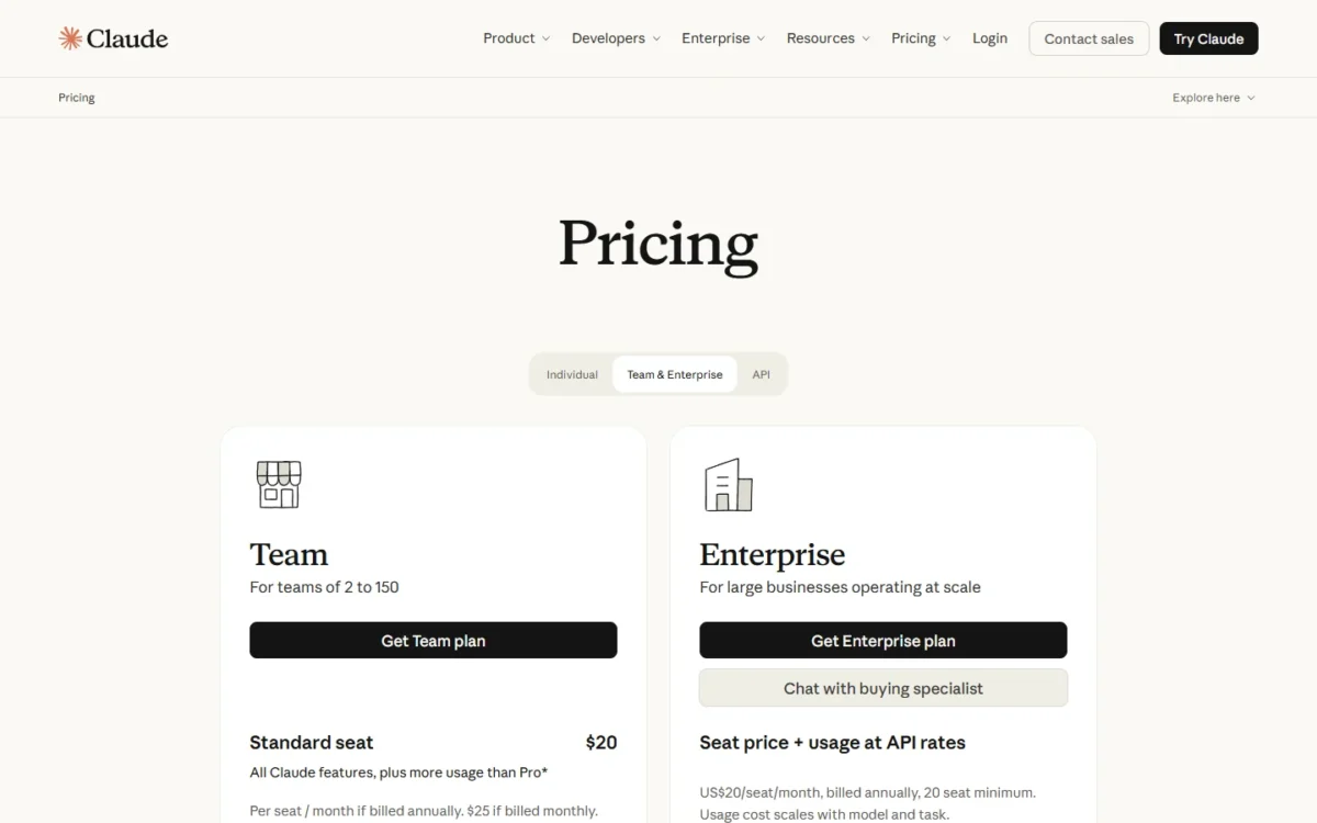 Claude Team pricing page