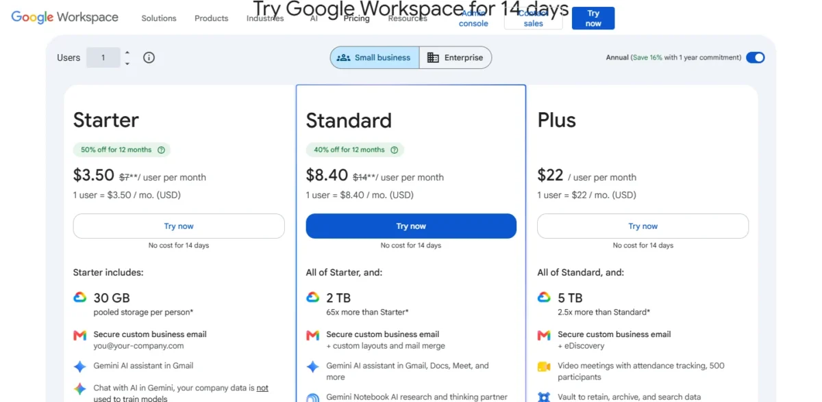 Google Workspace pricing page