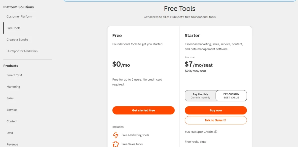 HubSpot pricing page