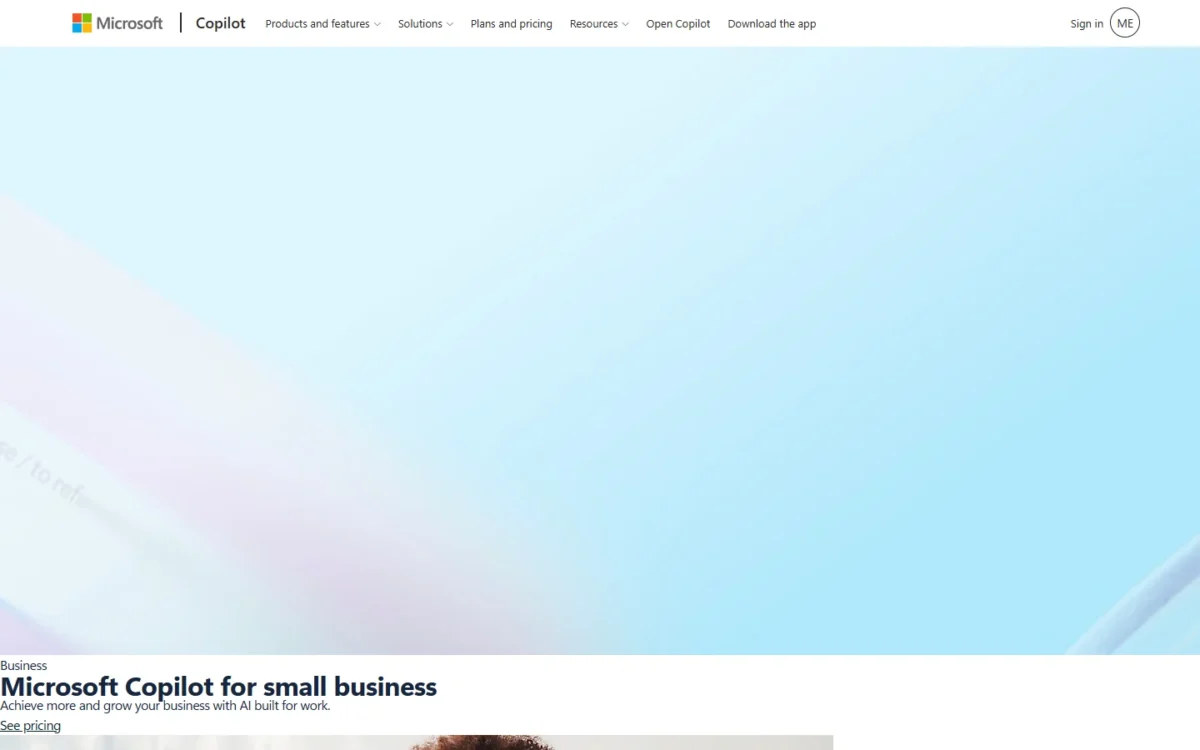 Microsoft 365 Copilot for small business pricing page, first screen