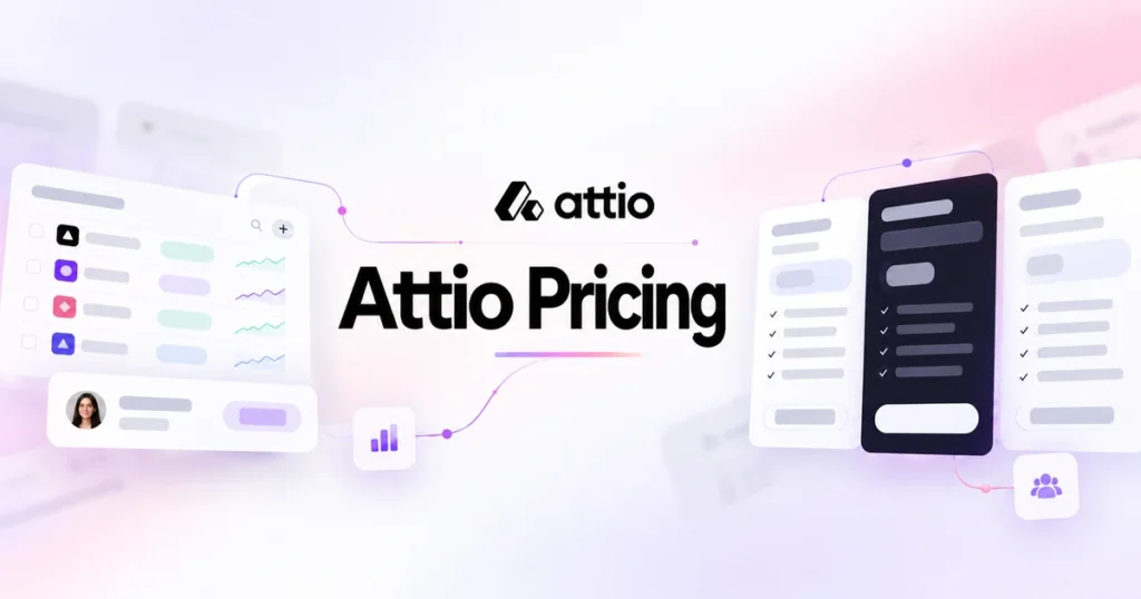 Attio Pricing title over abstract CRM record lists and pricing plan cards