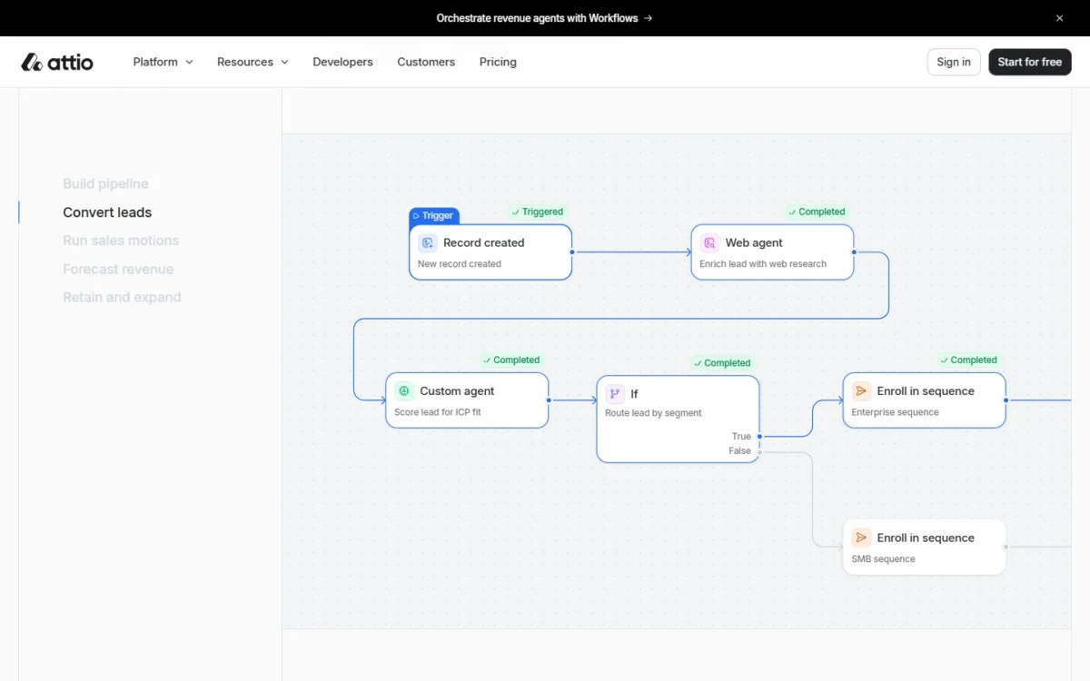 Attio workflow builder with a record-created trigger, a web agent, a custom agent and branches that enroll leads in sequences