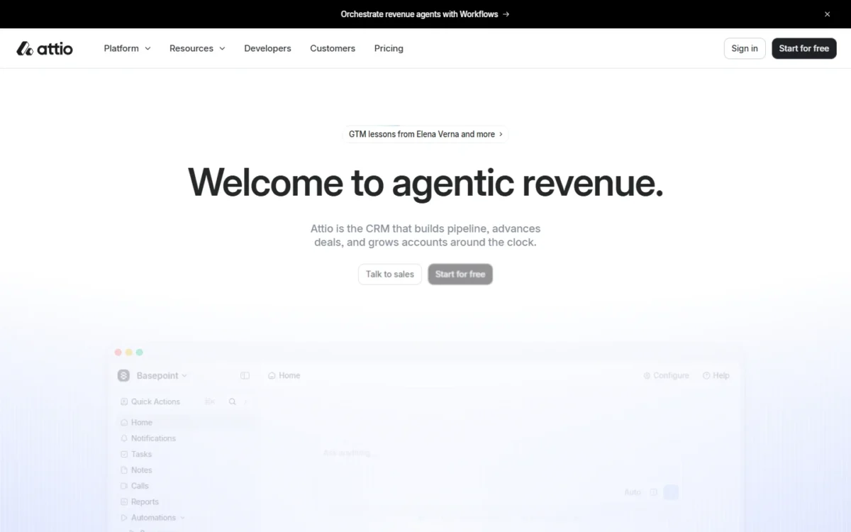 Attio homepage first screen with the headline Welcome to agentic revenue