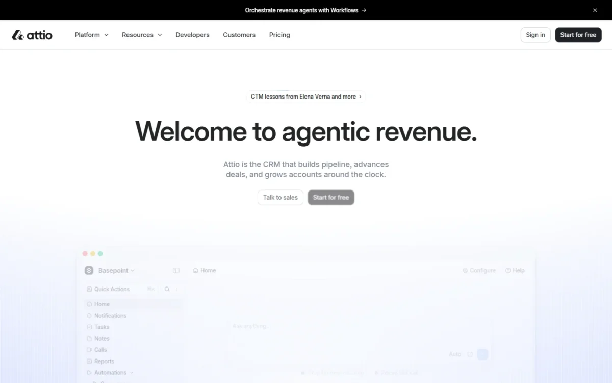 Attio homepage first screen with the headline Welcome to agentic revenue above a product preview