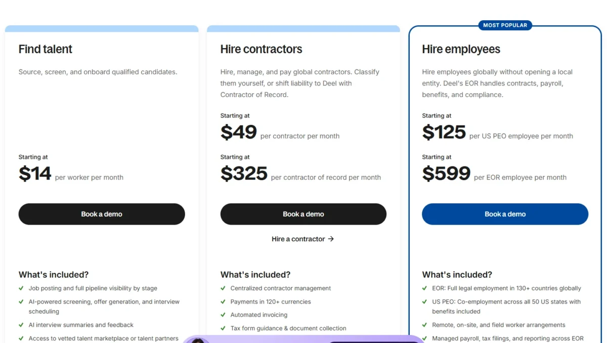 Deel pricing page with contractor, US PEO and EOR starting prices