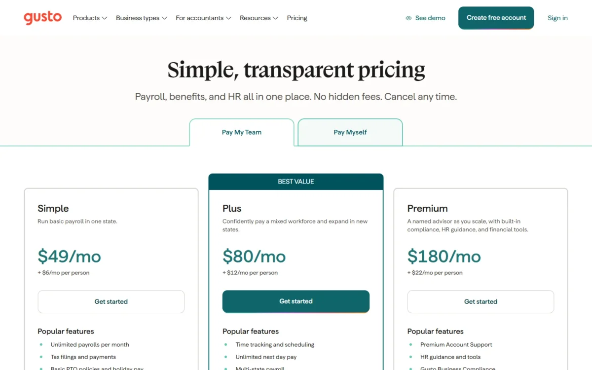 Gusto pricing page with Simple at $49/mo, Plus at $80/mo and Premium at $180/mo, each plus a per-person fee