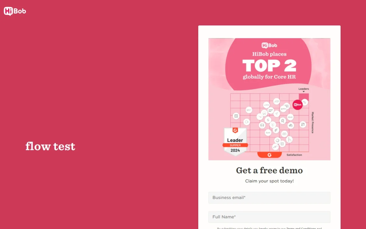 HiBob pricing page with a free demo request form