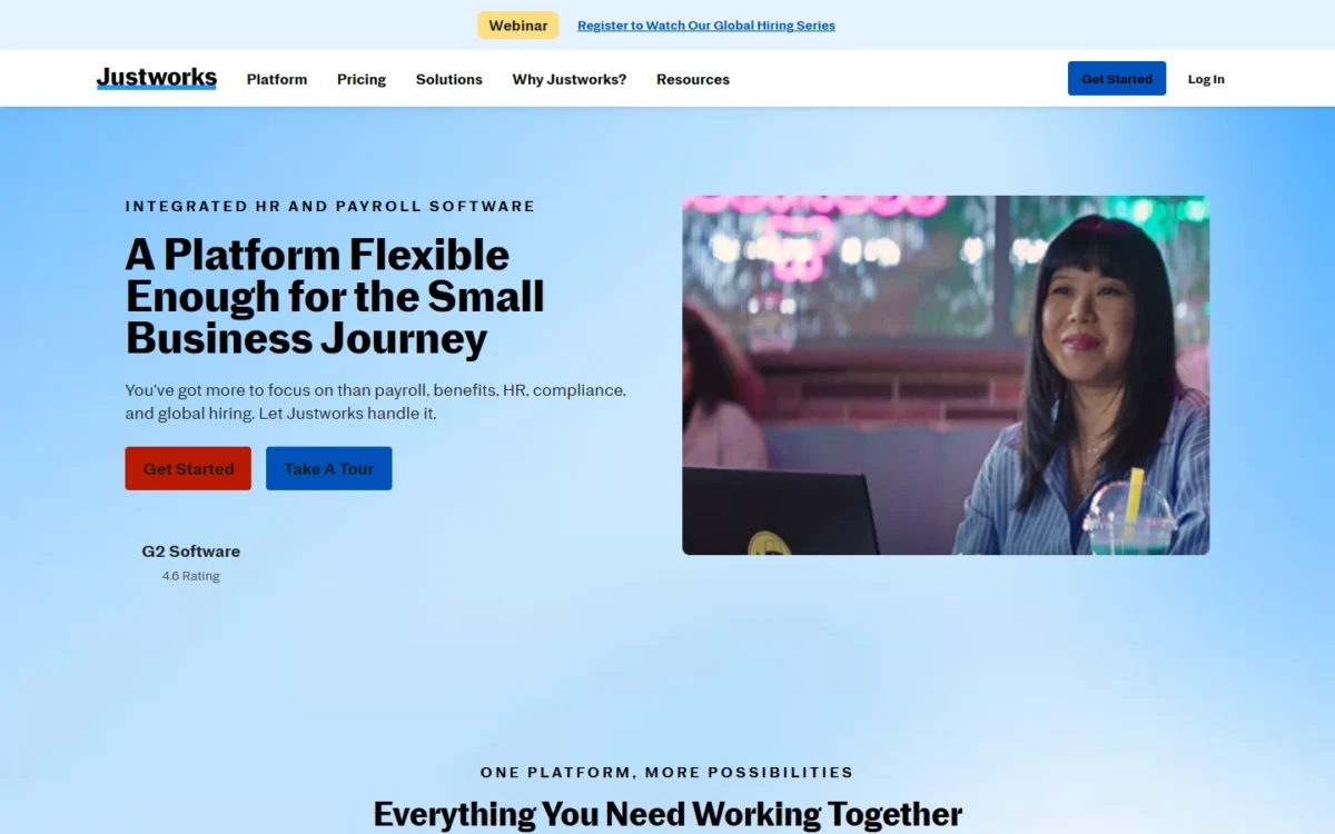 Justworks homepage, first screen