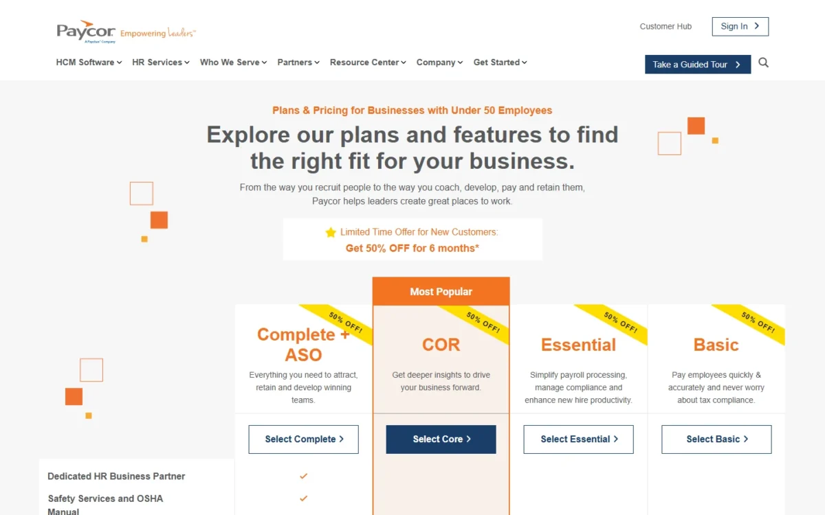 Paycor pricing page for businesses under 50 employees with four plans and a new-customer offer