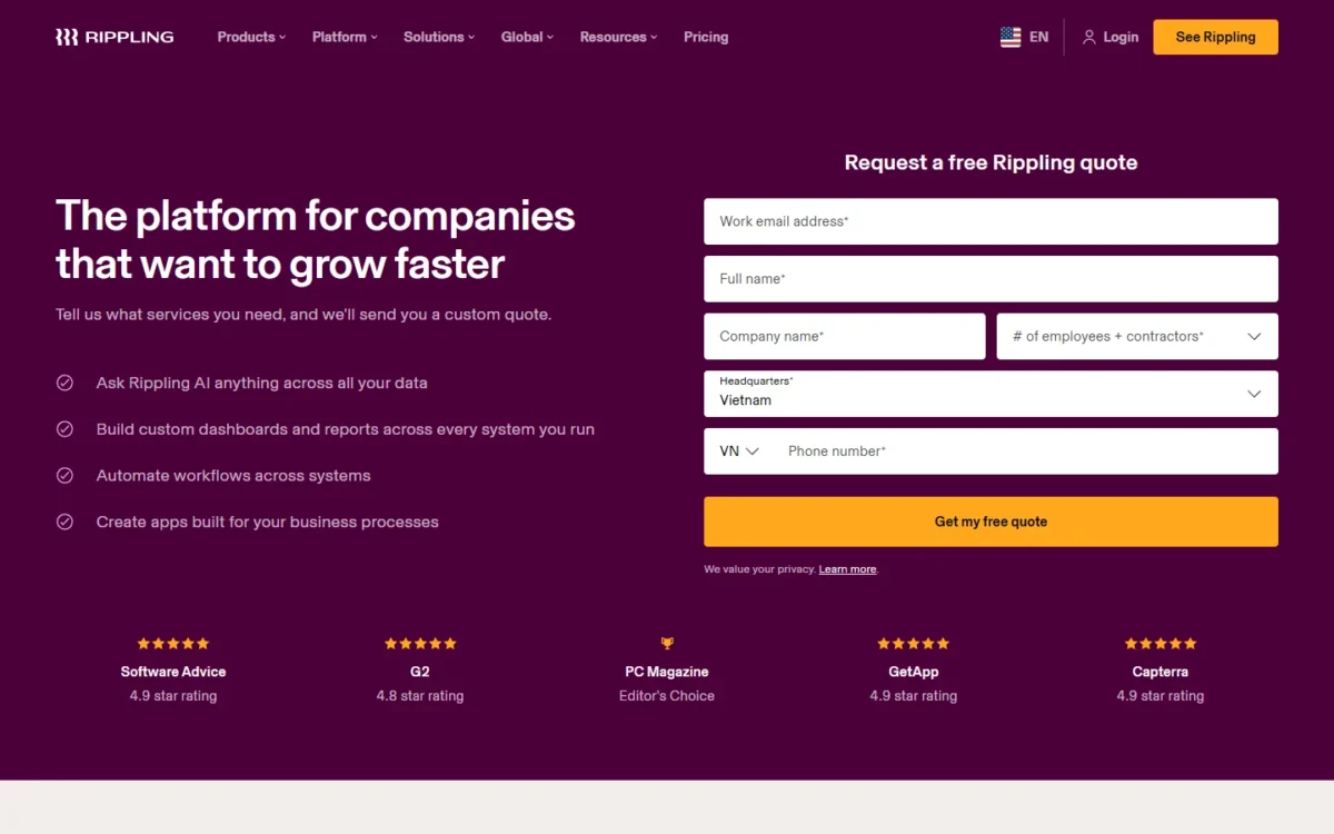 Rippling pricing page with a free quote request form