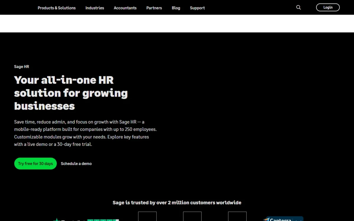 Sage HR homepage, first screen