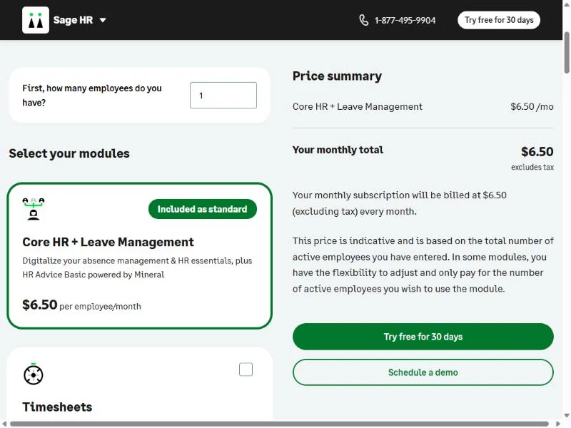 Sage HR pricing page