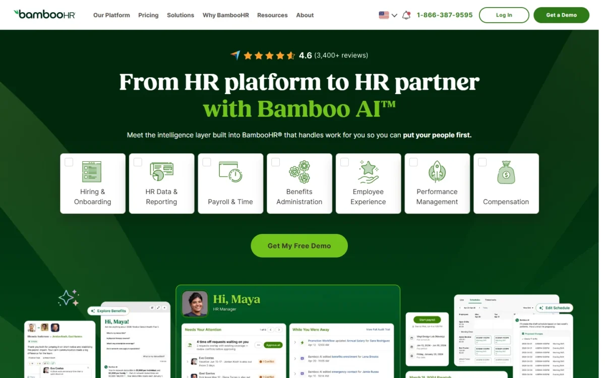BambooHR homepage first screen with the Bamboo AI headline and product modules