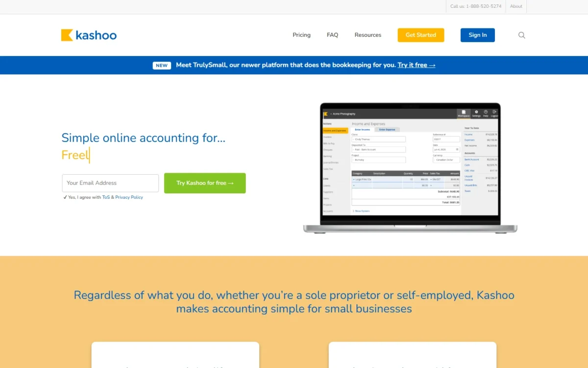 Kashoo homepage, first screen