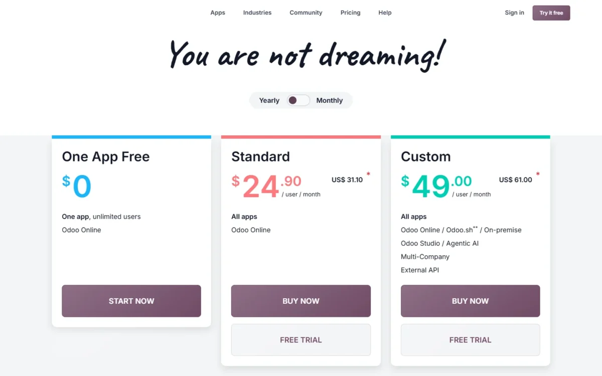 Odoo pricing page, yearly view