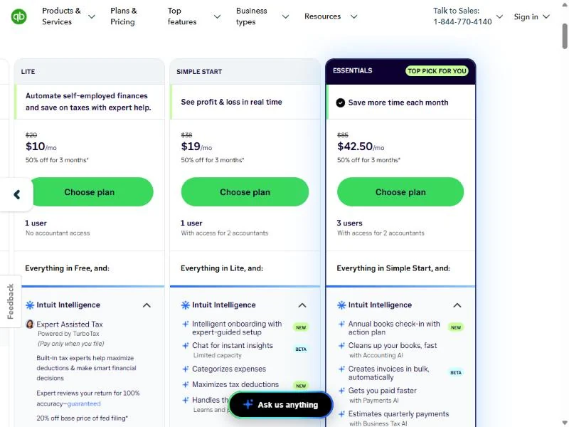 QuickBooks Online pricing page