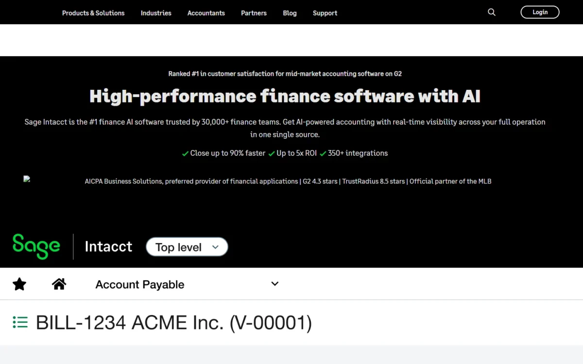 Sage Intacct page, first screen