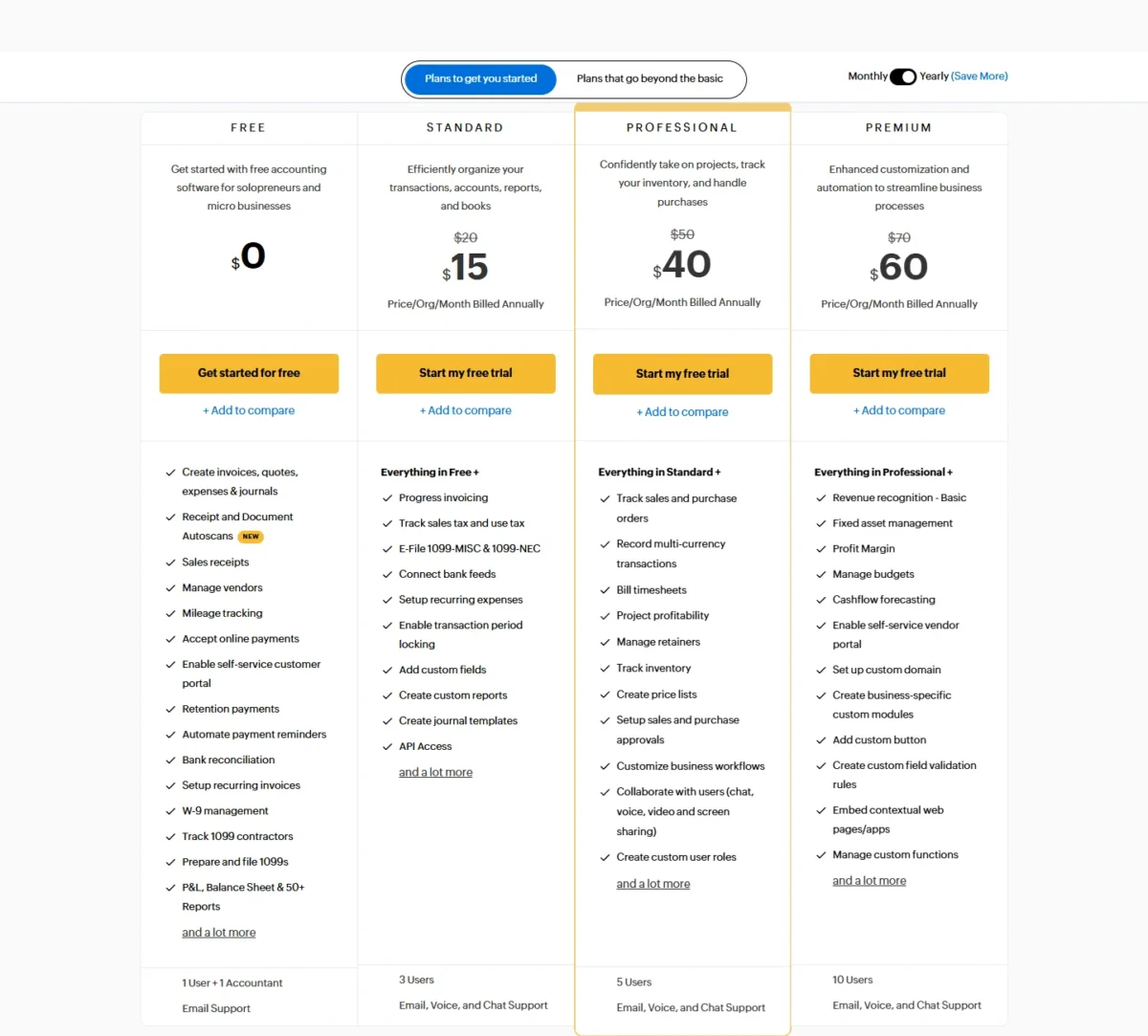 Zoho Books pricing page