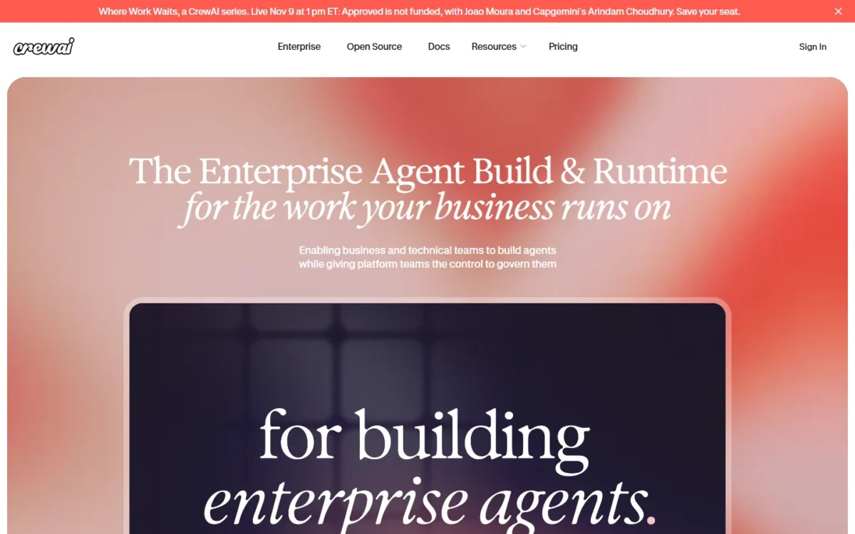 CrewAI homepage, first screen