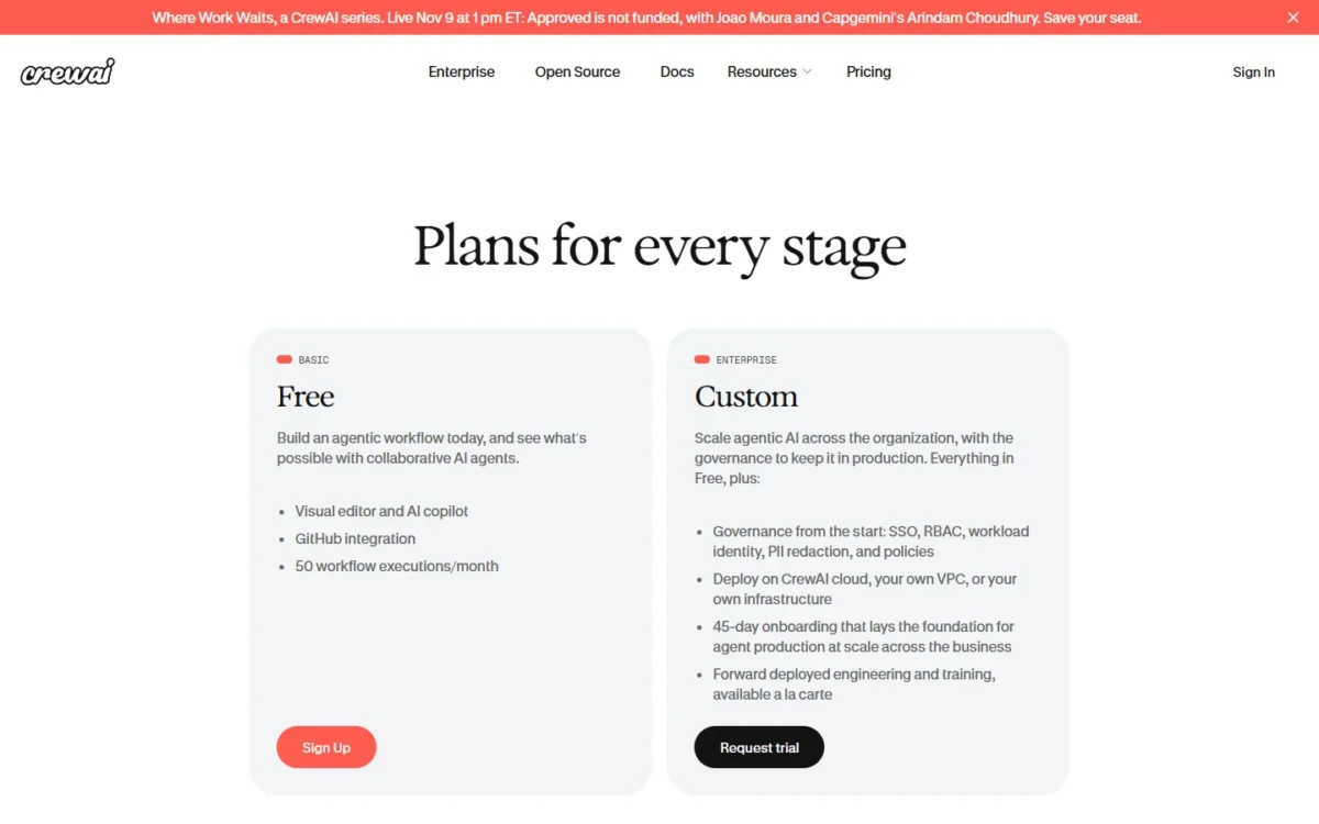 CrewAI pricing page with Basic and Enterprise