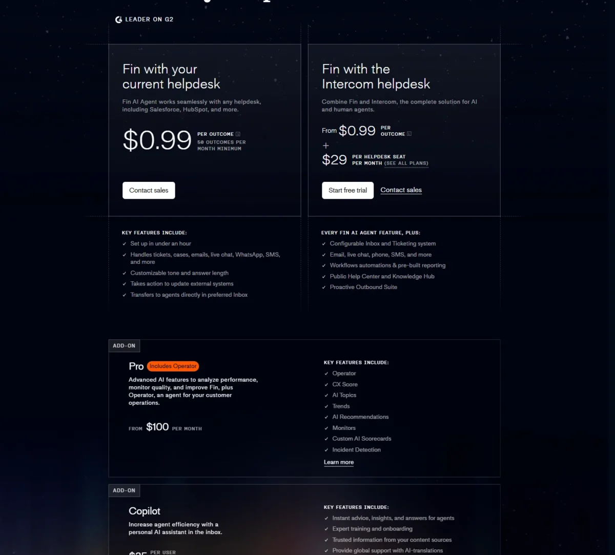 Fin pricing page with per-outcome pricing on your current helpdesk or the Intercom helpdesk