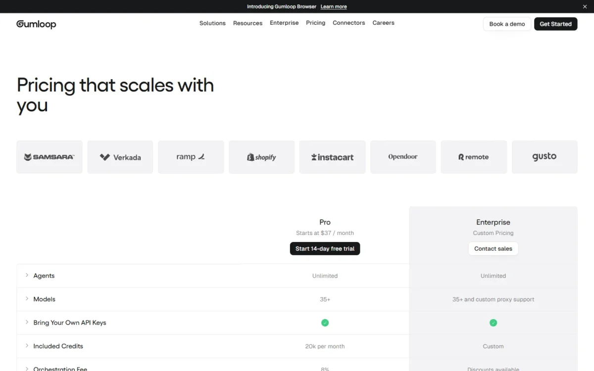 Gumloop pricing page with Pro and Enterprise