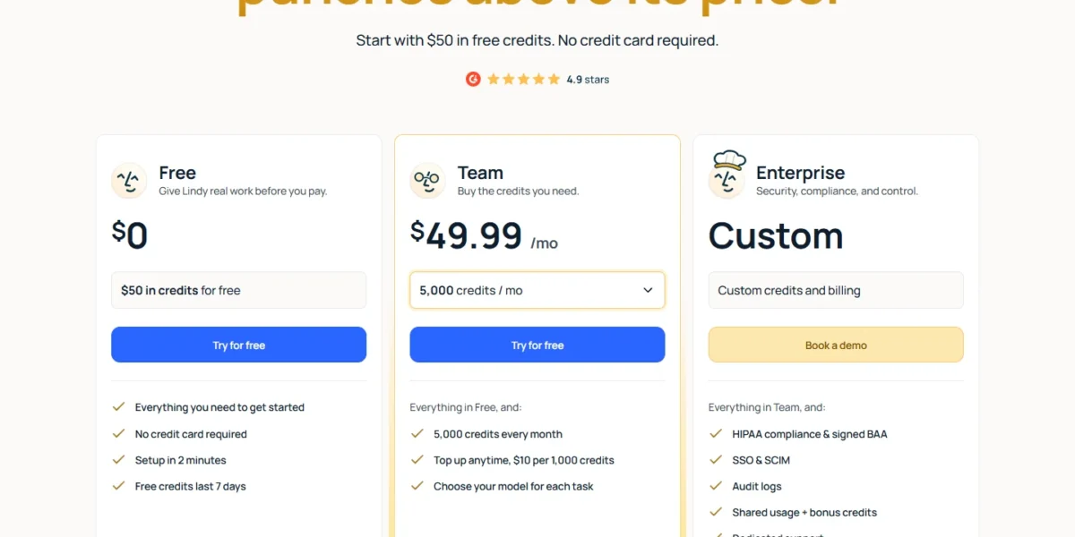 Lindy pricing page with Free, Team and Enterprise