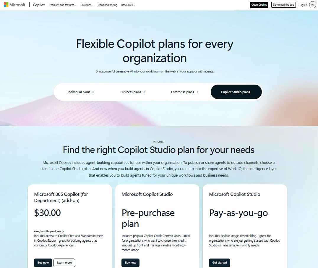 Microsoft Copilot Studio pricing page